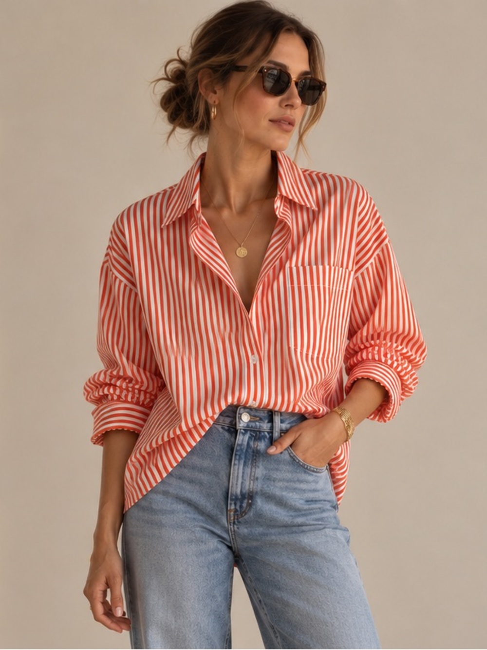 Joe’s Jeans The Boyfriend Orange White Stripe Cotton Button Down Shirt